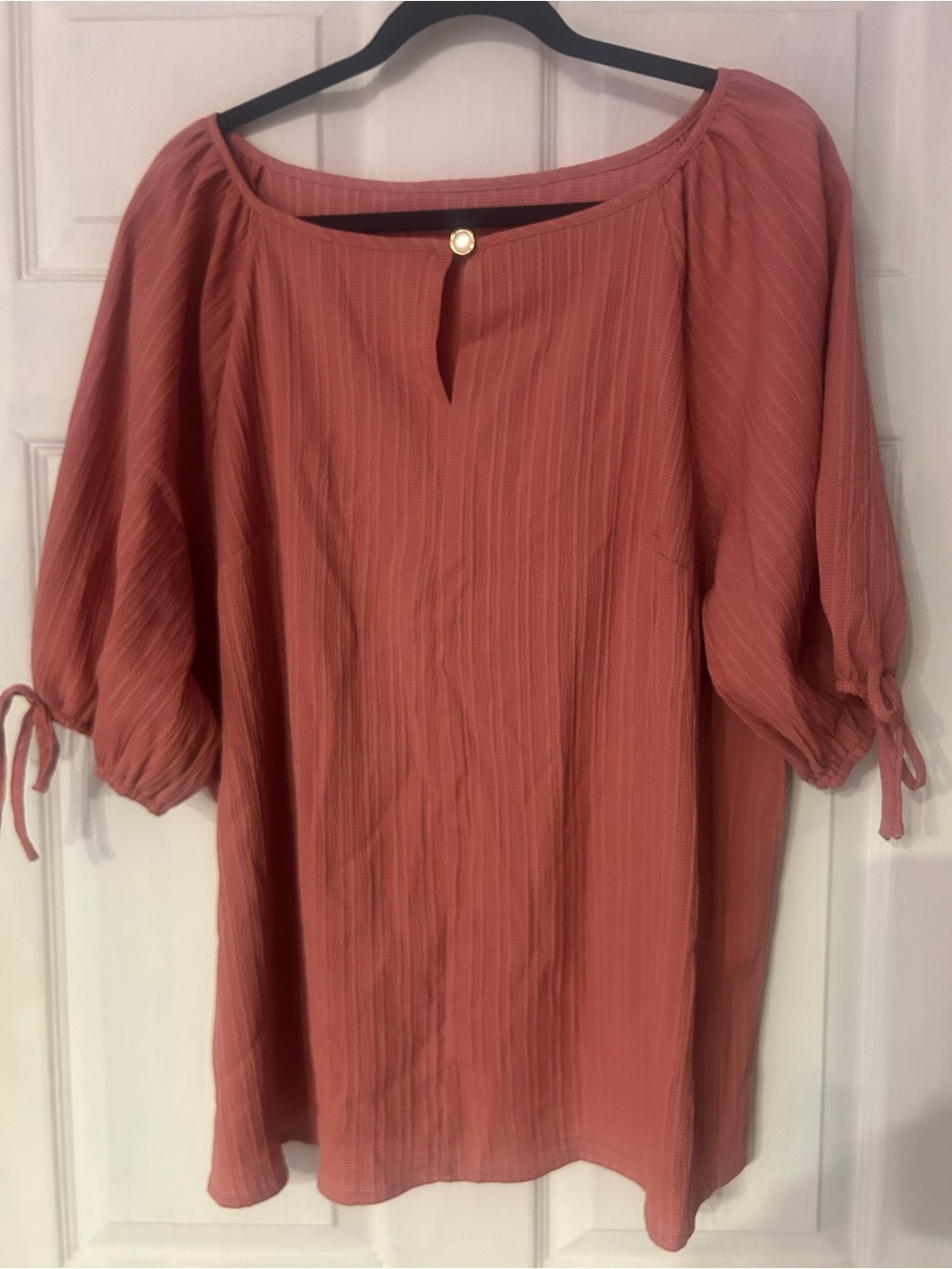Women's Rust Pink Boatneck Blouse with Tie Sleeves